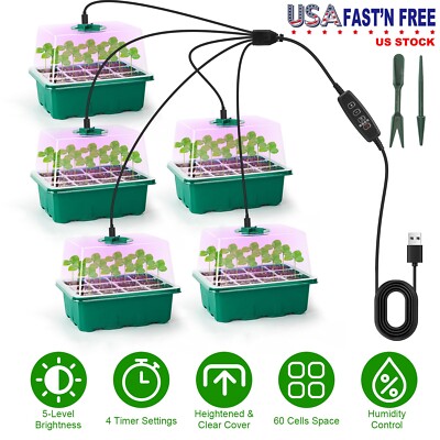 5Pcs Seed Starter Tray Greenhouse Humidity Dome Germination Kit &Grow Light Set