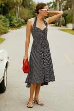 NWT Anthropologie Maeve Halter Ruched Midi Dress 00 Polka Dot Black White