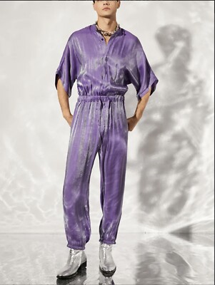 Incerun Mens Shiny light purple Jumpsuit Medium Drawstring Waist