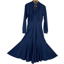 Vintage Denim Midi Dress Small 100" Flare Sweep Cowgirl Swing Dark Academia Boho