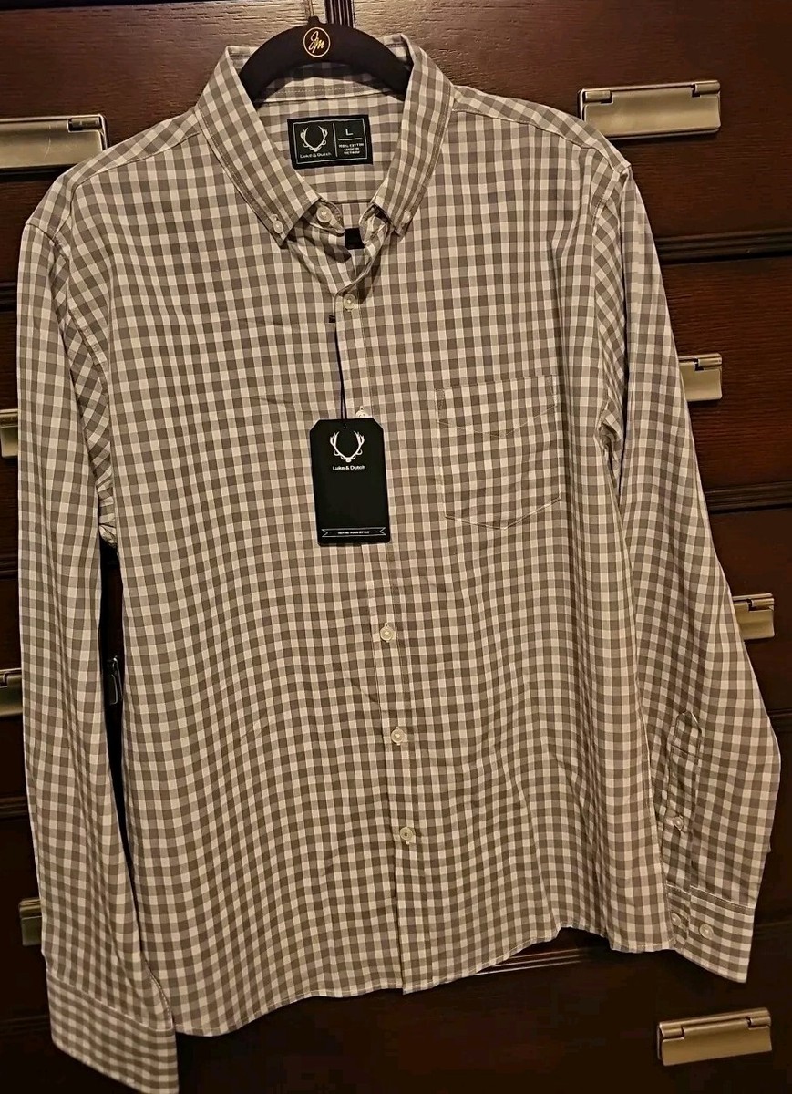 Luke & Dutch Shirt Mens L Gray White Check Button Long