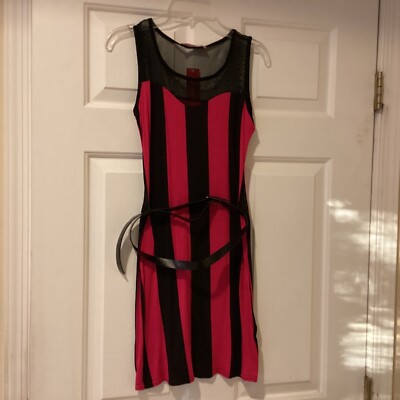 francesca's red dress Francesca Paris Dress Juniors Sz S Red & Black Sleeveless Stripped Belted