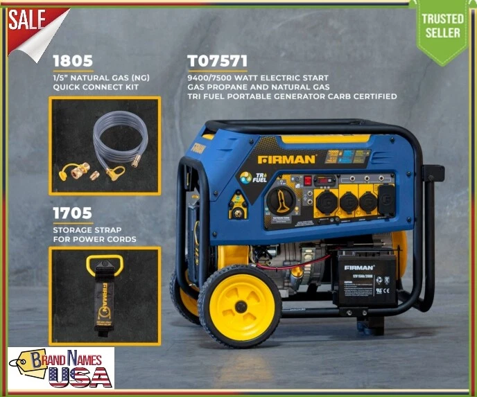 Firman T07571 9400W Peak 7500W Running Tri Fuel GAS LPG NG