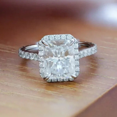 3.60 Ctw DVVS1 Radiant Cut Moissanite Halo Engagement Ring 14K White Gold Plated