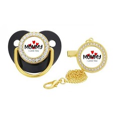 I love Mom baby pacifier Gold and Silver Pacifier With Chain  Clip