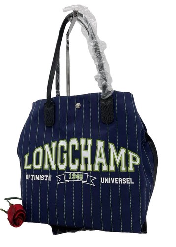 AUTH NWOT NEW $455 Longchamp Essential University Stripe Large Cotton Tote-Navy - Picture 3 of 16