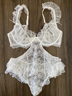 For Love & Lemons Lingerie Teddy White Lace Mesh Frilly Wedding Bride Large L