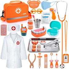 Kids Dentist Play Set, Wooden Doctor Kit for Toddlers 35 with Real Stethoscop...