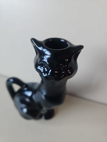 Black Cat Ceramic Candle Stick Holder Glazed Sleek Cat Sitting 16cm Tall - Picture 2 of 8