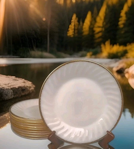 10 FIre King Swirl White Milk Dinner Plates 9 Inch with Gold Trim