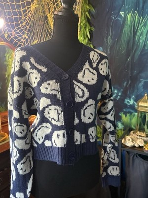 Just Polly Trippy Graphic Cardigan Sweater Navy White Acrylic Knit V-Neck M