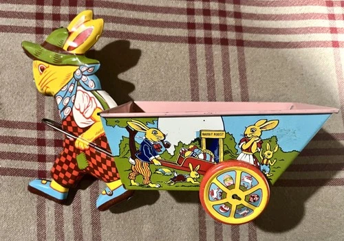 J Chein & Co. Vintage 1950s Easter Bunny Rabbit Pulling Cart Tin Litho Toy-GREAT