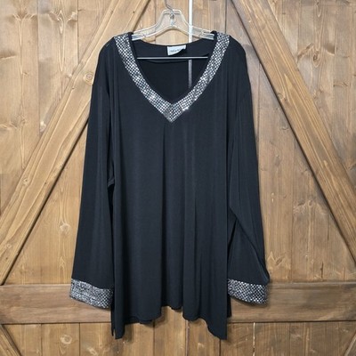 Anthony Richards Women s 2X Black Tunic Top 3/4 Sleeve Rhinestone V-Neck Stretch