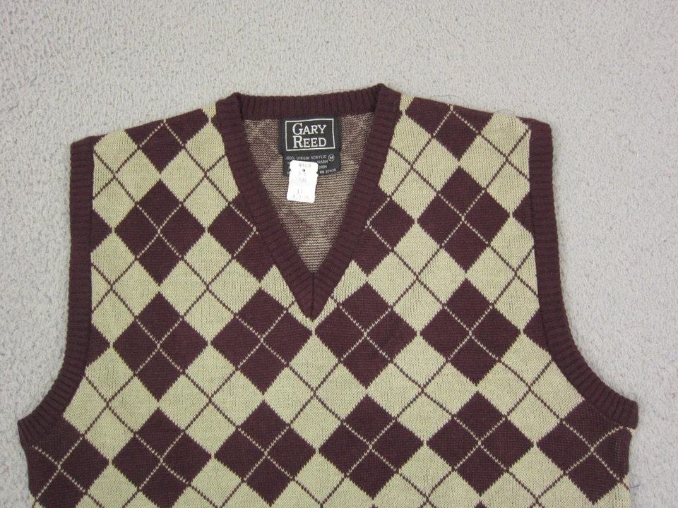 Chaleco Suéter De Colección Gary Reed Para Hombres Mediano Marrón Argyle Tejido Cuello en V Golf Años 70 Foto 2 de 4