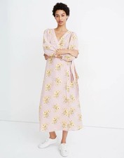 Madewell Linen-Blend Ruffle-Cuff Wrap Dress in Dutch Dandelions Sz XXL Boho Pink