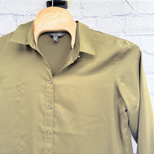 Camisa Ralph Lauren Etiqueta Negra Oliva Abotonada XL Blusa Top Manga Larga Dorada - Imagen 3 de 12