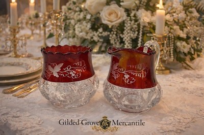 Ruby Red Cut to Clear Creamer & Sugar Bowl Set Etched Floral Glass Vintage