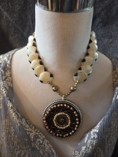 Beautiful Ethnic Tribal Medallion Necklace W/hook Closure & Bone Or Shell Discs