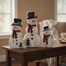 Set of 3 Handcrafted Snowman Table Decorations - Rustic Christmas Decor