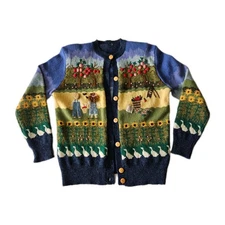 Vtg Susan Bristol 3D Knit Cottagecore Novelty Orchard Garden Wool Cardigan M