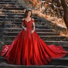 Red Satin Off Shoulder Ball Wedding Dresses Lace Appliqued A-line Bridal Gowns