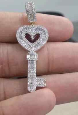 2CT Round Cut White Moissanite Key Pendant 14K Yellow Gold Plated