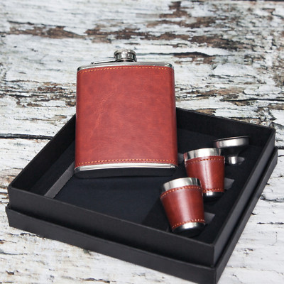 Leather Wrapped Flask Set In Leather Case - Custom Crafted Engraving - Foto 3