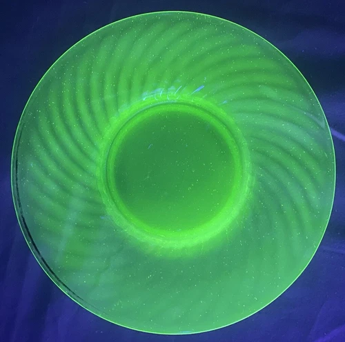 Uranium Glass 6" Plate Spiral Radiant 1920s Depression USA Sacred Geometry