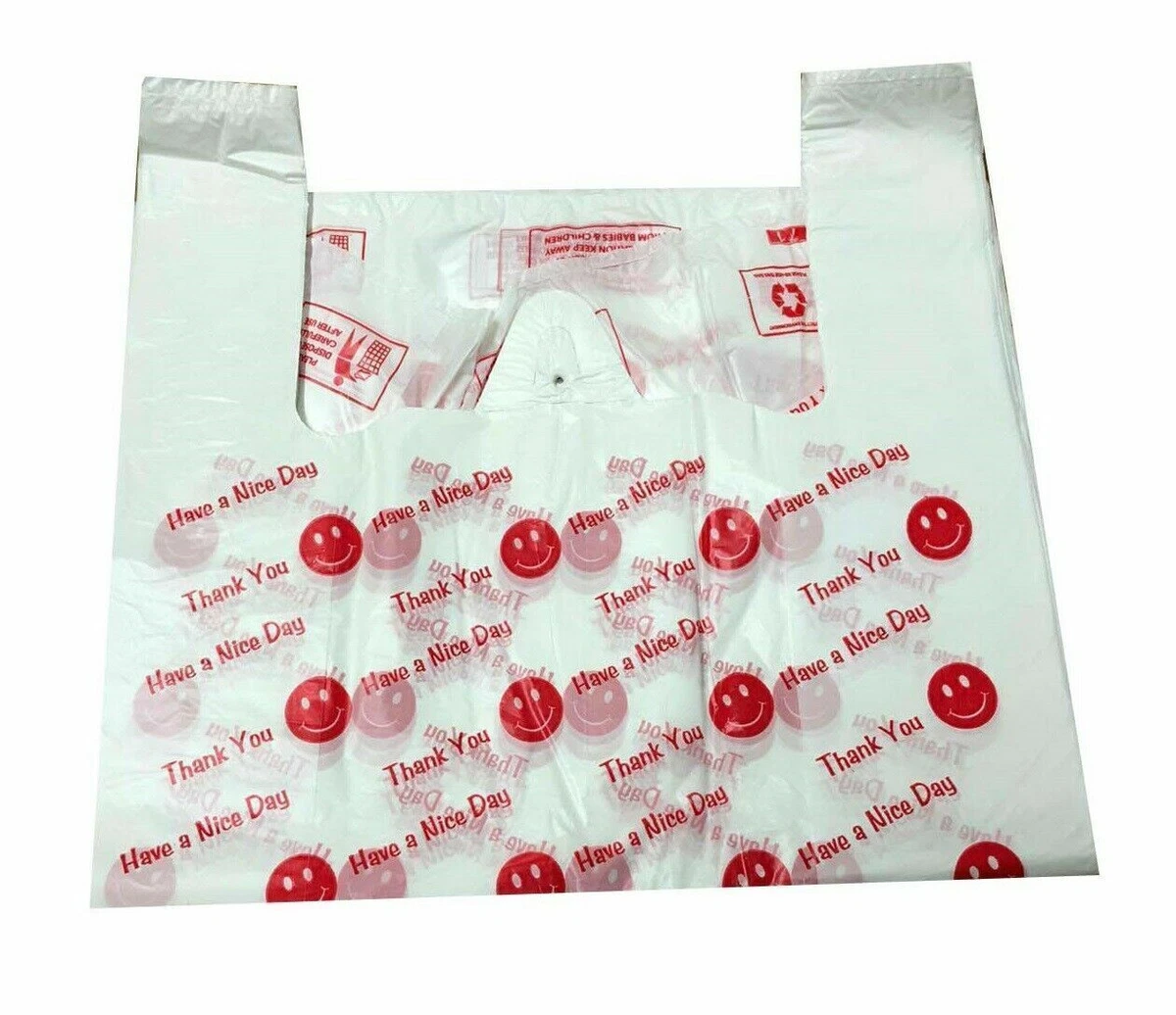 Strong Plastic Vest Carrier Bags Smiley Face Thank You Have a Nice Day Printed