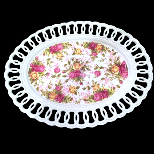 Vintage Royal Albert Old Country Roses durchbohrt ovale Platte Gitterrand 14" - Bild 2 von 7