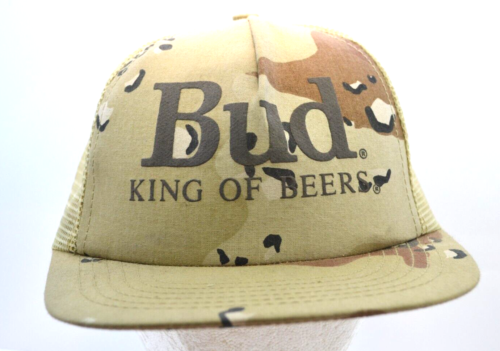 Vintage Bud Budweiser King Of Beers Camo Hat Brown Made In USA Mesh Snapback - Afbeelding 1 van 7