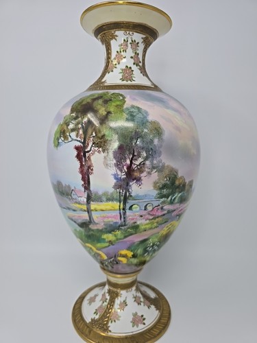 ⚜️Antique NIPPON Handpainted Porcelain Vase Landscape Scene w/Gilted Accents 14" - Picture 2 of 16