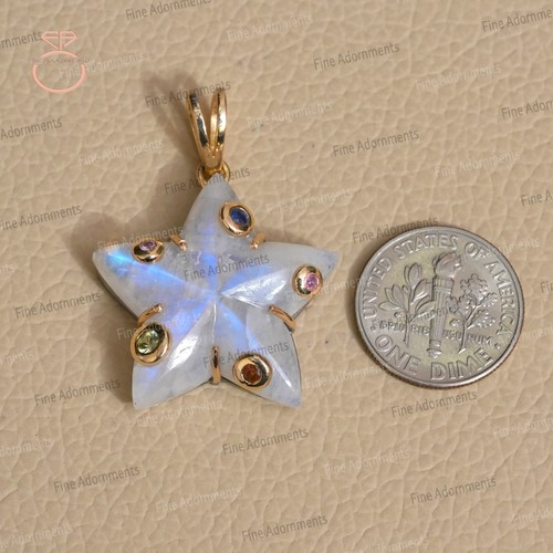 Oro 14k/Plata 925 Natural Arco Iris Piedra Lunar Estrella Colgante Zafiro Joyería Nuevo - Imagen 5 de 10