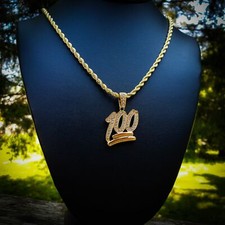 Hip Hop Iced Fashion Gold Plated 100 Emoji Pendant 4mm 24" Rope Chain Necklace