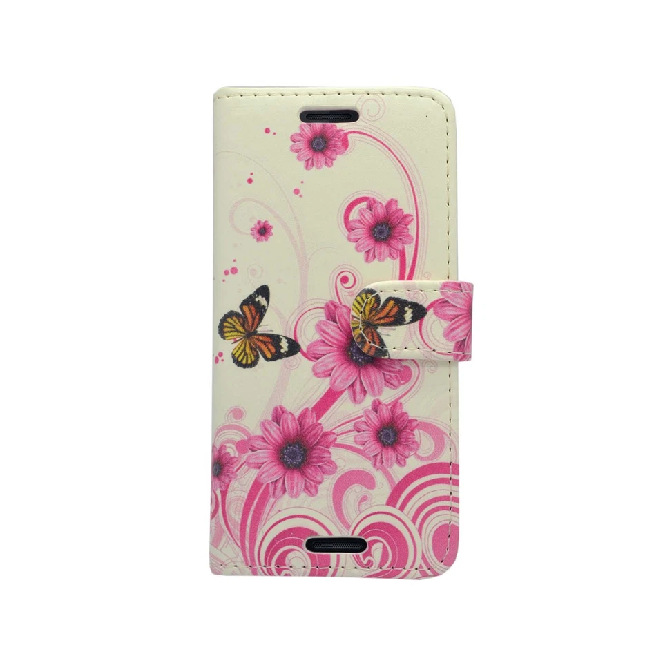 CASE FOR SONY XPERIA Z3 MINI WHITE PINK SWIRL FLOWER BUTTERFLY PU LEATHER WALLET - Image 2 of 4