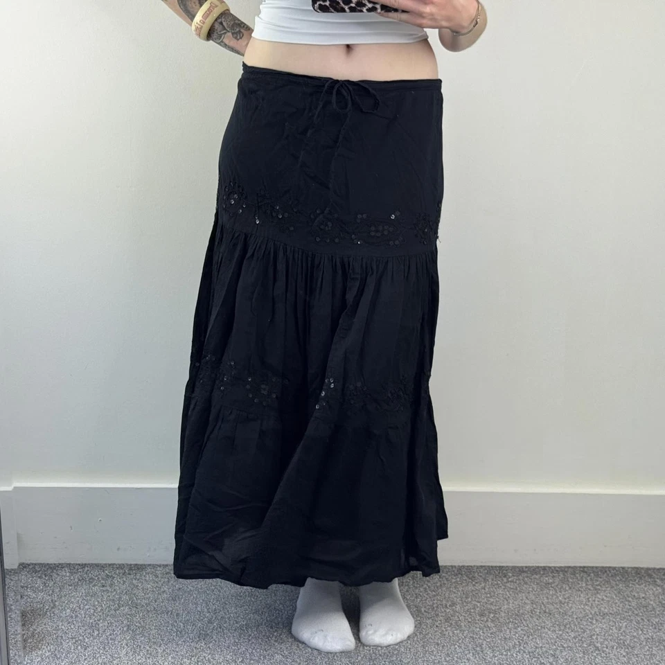 Y2K Vintage Boho Maxi Falda Lentejuelas Una Línea Cordón Bordado Ligero  Foto 2 de 4