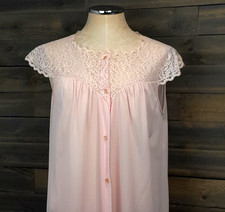 Formfit Rogers Nightgown Womens M 12/14 Pink Sheer Lace Button up 60's Vtg USA
