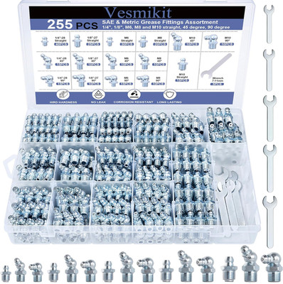 255PCS Grease Fittings Assortment,Sae & Metric Grease Zerk Fittings 1/4'' 1/8'' M6