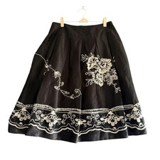 Talbots Linen Silk Floral Embroidered Sequins Pleated Skirt SZ 6 Black White