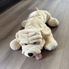 Realistic Large 26 Dog Soft Wrinkled Laying Floppy Plush Beige Pink Tongue Eyes