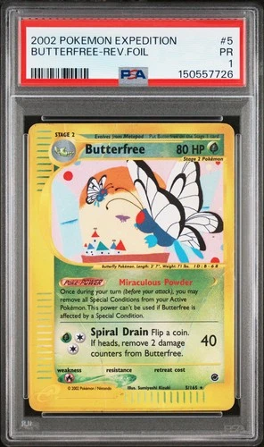 2002 POKEMON EXPEDITION #5 BUTTERFREE-REVERSE FOIL PSA 1