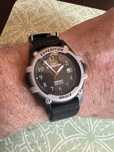 Timex Expedition Watch Men Indiglo 38mm Silver Black Dial Date Vintage 1990's