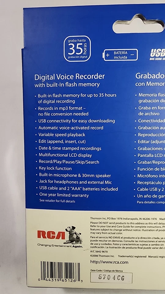 RCA RP5032 Handheld Digital MP3 SMALL Voice Recorder w/ USB Connectivity A301 - Image 3 of 4