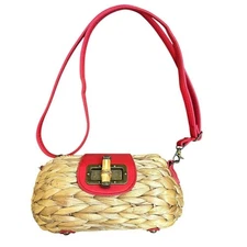 Sun N' Sand Purse Mini Crossbody Woven Straw Faux Leather Red Bag Bamboo Buckle