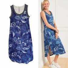 TALBOTS Floral Print Sleeveless Sporty Midi Dress Pocket Blue Size S Modal Blend