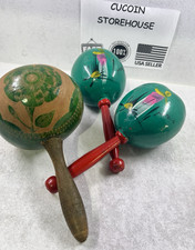 3 Vintage Large Mexican Maracas Handmade / Painted Folk Art Style Percussion