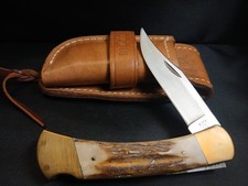 Vintage Buck 110 Custom Stag Folding Knife With Tan Leather Sheath HTF Category