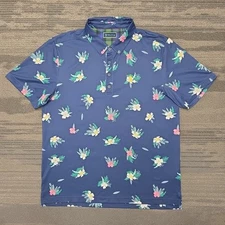 William Murray Polo Shirt Mens Large Golf Blue Floral All Over Print AOP Stretch