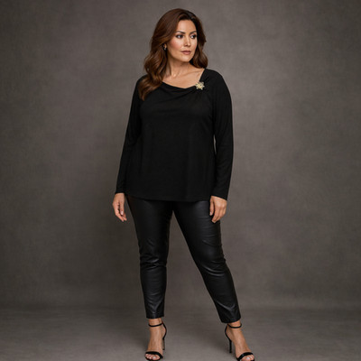 ROCKTHOSECURVES WOMENS Sparkly Long Sleeve Blouse with gold Brooch