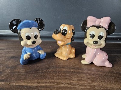 3 Baby Mickey Minnie Mouse Pluto Walt Disney World Ceramic Figurines Lot